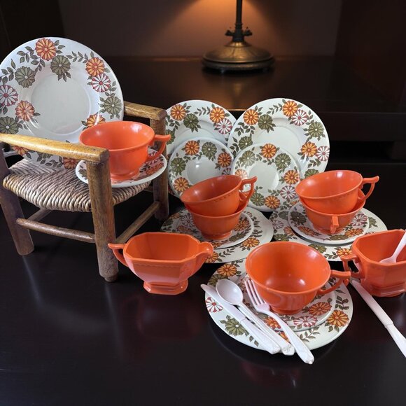 Eagle, Banner Other - Vintage Child’s Tin Tea Set 1960s | Harvest Orange Floral Toy Dishes | Retro Pla